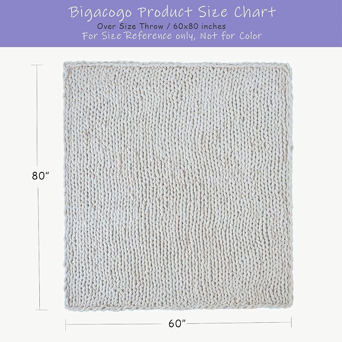 Bigacogo Chunky Knit Throw Blanket for Couch, 60x80 inches, Pure White | Hand Knit with Jumbo Chenille, Soft Breathable Cable Knit for Sofa Bed Living Room, Machine Washable, Gift for Mom Friend