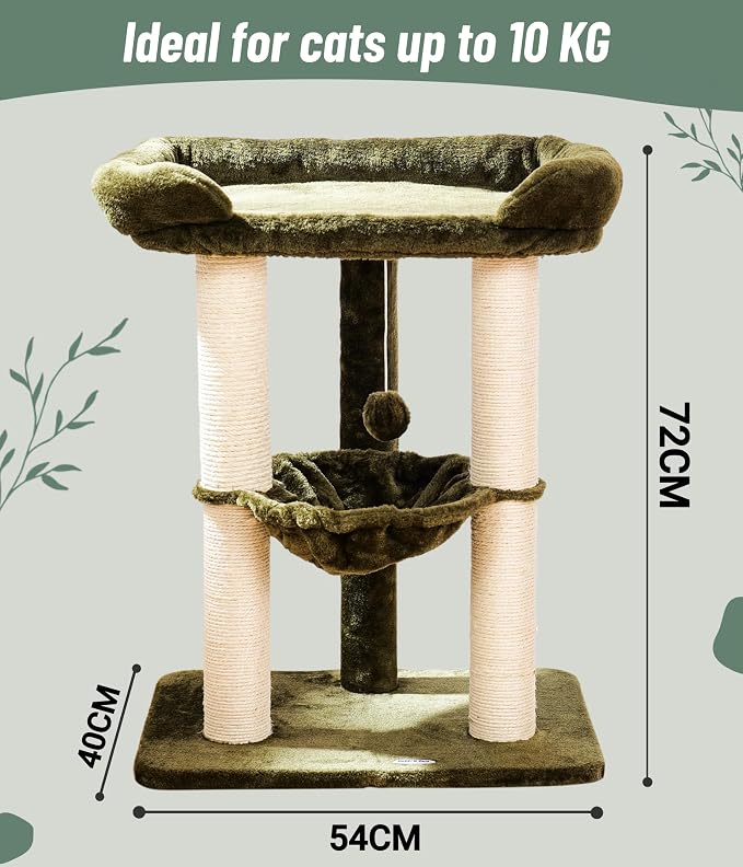 Cat Tree, Cat Scratching Posts with Large Bed for Big Cats | Green, Small Cat Tower, 28" Tall For Window Viewing, 23.6"x15.7" Large Cat Bed, Cat Hammock, Removable Cover, Solid Structure