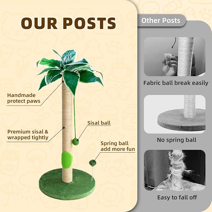 Fantasreen Cat Scratching Post 33'' Tall with Toy, Self Groomer for Indoor Cats