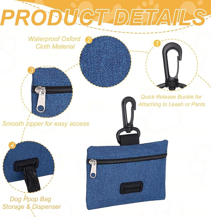Dog Poop Bag Holder, Pet Waste Bag Dispenser Dog Treat Pouch with Clip Oxford Cloth Portable Reusable Easy Cleanup(2Pcs, Navy Blue), Intended for Outdoor/Travel/Walking