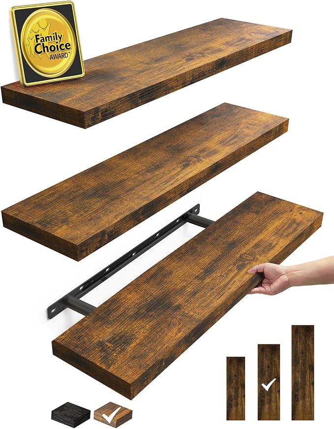 BAYKA Rustic Brown Floating Shelves 22.5in, 3 Pack, Wall Mount Wood Shelf | Easy Install, 22lbs Max Load, Hidden Bracket, for Bathroom Bedroom Kitchen Display Storage Decor, Multi-Wall Compatible