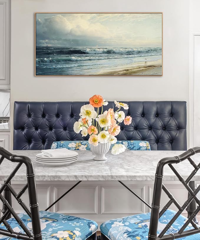 DJSYLIFE Vintage Rockaway Beach Seascape Canvas Wall Art, Framed 20x40 Inch | Large Coastal Decor, Ocean Waves Painting Prints, Ready to Hang for Living Room & Bedroom, Long Pictures for Above of Bed