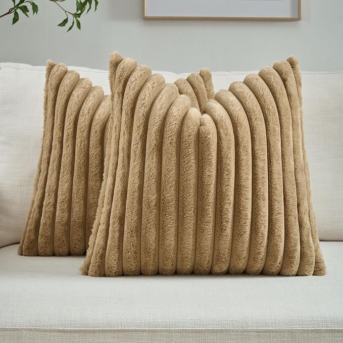 FUTEI Pack of 2 Faux Fur Throw Pillow Covers 22x22 Inch, Camel | Fluffy Faux Rabbit Fur Front/Premium Velvet Back,Hidden Zipper,Machine Washable,Non-Shedding,Colorfast,Insert Not Included.