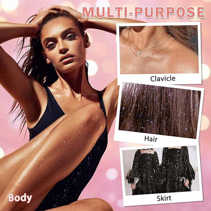 DAMUSI Body Glitter Spray, Shiny Hair and Body Glitter Spray for Clothes, Holographic Glitter Hairspray Quick-Drying Lasting Shimmer Highlighter Powder for Festival Concert Party Rave Prom 2.11 Fl Oz