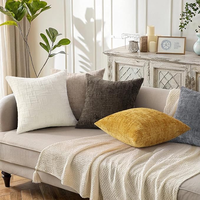 decorUhome Textured Chenille Throw Pillow Covers 26x26 Set of 2 Yellow | Fall Modern Farmhouse Soft Cozy Slubby Couch Pillow Cases Boho Decorative Pillow Cases for Bed Sofa Living Room Home Decor