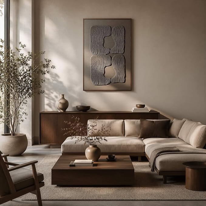 Thalasse Abstract Wall Art Large Framed 3D Oatmeal Beige 24x36 In | Wabi Sabi sandstone relief artwork, solid Catalpa wood frame, minimalist hallway entryway decor, 1 piece