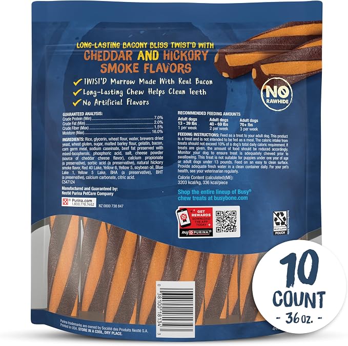 Purina Busy with Beggin Twisted Large Dog Treats, 10 ct Pouch | Cheddar & Hickory Smoke Flavor dog chew, long-lasting, rawhide free with real meat, for large dogs 35 lbs up