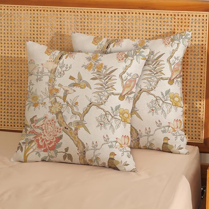 Chinoiserie Pillow Covers 18x18 Set of 2 Yellow Floral Bird Throw Pillows Green Vintage Flowers Bird Decorative Pillowcase Outdoor Chinoiserie Decoration Farmhouse Cushion Case for Couch Home