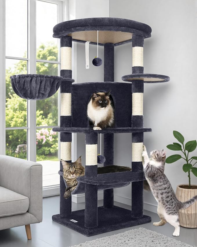 Globlazer Corner Cat Tree Tower with Scratching Post, C51, Dark Grey | 51in Space-Saving Multi-Level Cat Condo for Indoor Cats with Hammock, Large Top Perch for Large Cats, Cozy Cat Cave