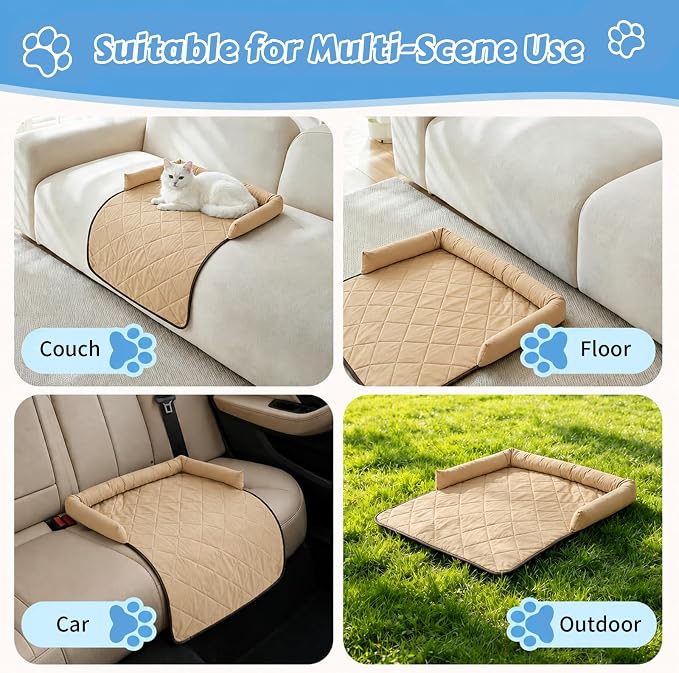 Cooling Dog Bed Mats with Neck & Head Support, 31.5 x 23.62 inch Khaki | for Small and Medium Dogs & Cats, Non-Slip, Machine Washable, Protects Sofa from Fur & Scratches