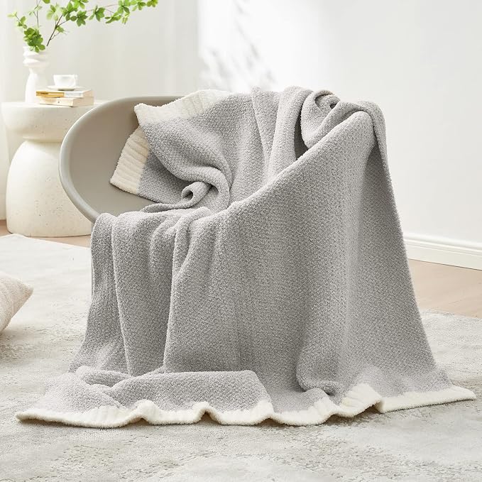 Snuggle Sac Buttery Grey Throw Blanket for Couch, Reversible Super Soft Warm Blankets Cozy Knit Fuzzy Plush Lightweight Throws for Sofa, Bed, Heather Grey, 50"x60"