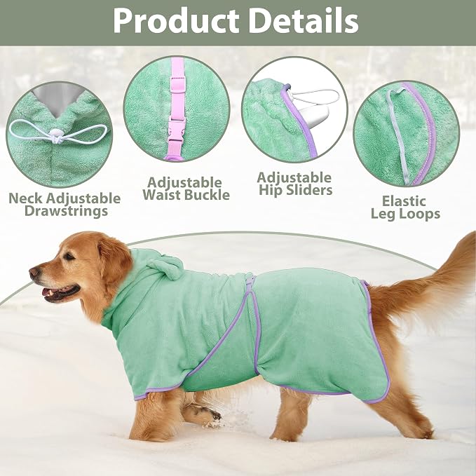 Dog Bathrobe Super Absorbent Towel Robe - Microfiber Bath Towels Fast Drying Coat for Dogs, Cute Dogs Clothes Adjustable Collar & Belly Strap Warm Keeping Hooded Dog Towel (Light Green, Large)