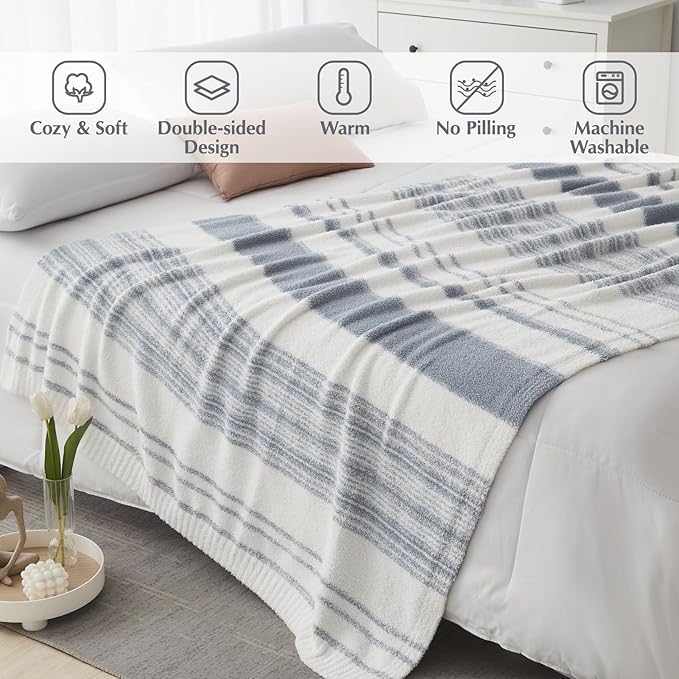Soft Throw Blanket for Couch-Cozy Reversible Knitted Blankets | Lightweight Warm Fluffy Decor for Women, Mom, Her & Girls, Sofa, Chair, Bed, 50x70in, Grey Blue Stripe
