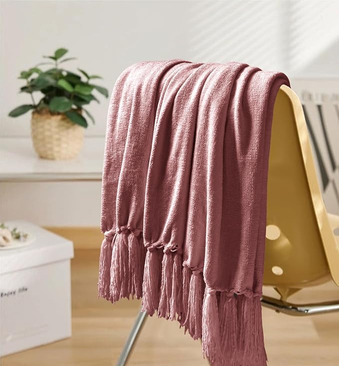 Chenille Throw Blanket for Couch 60" x 80", Twin Mauve | Soft Cozy Warm Throws with Fringe Tassel, for Living Room Bed Sofa Chair Cover, Lightweight Knitted Decorative Boho Blankets