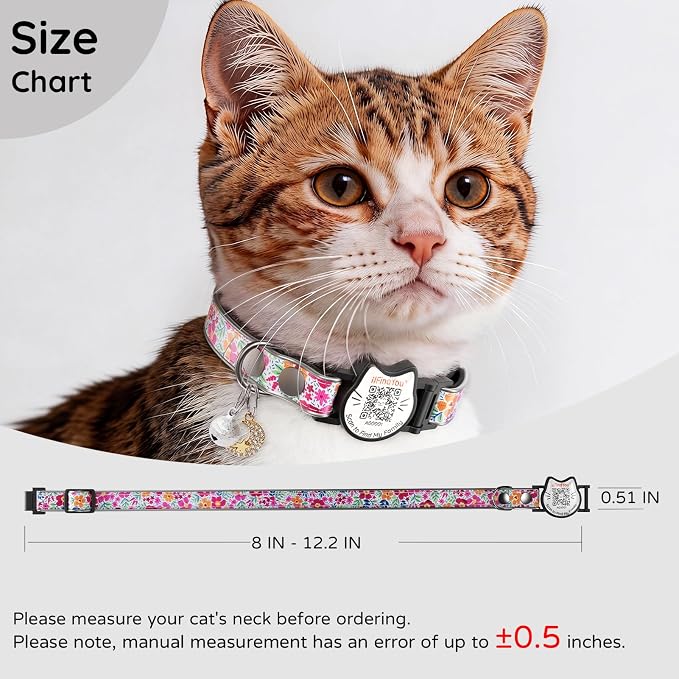 Breakaway Cat Collar QR Code, Reflective Bell, Adjustable Kitten Red Flower