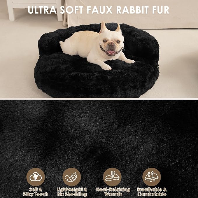 EHEYCIGA Soft Cat Couch Bed for Indoor Cats, Fluffy Small Dog Bed with Removable Washable Cover, Bolster Pet Sofa, Waterproof and Non-Slip, 24" x 24"x 7", Black