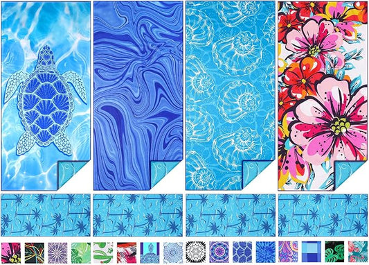TwoYek 4 Pack Microfiber Thin Beach Towel Lightweight 71x32 Oversized Extra Large Sand Free Towels Quick Dry for Travel Pool Yoga Gym Sports Beach Accessories Vacation Essential Gift