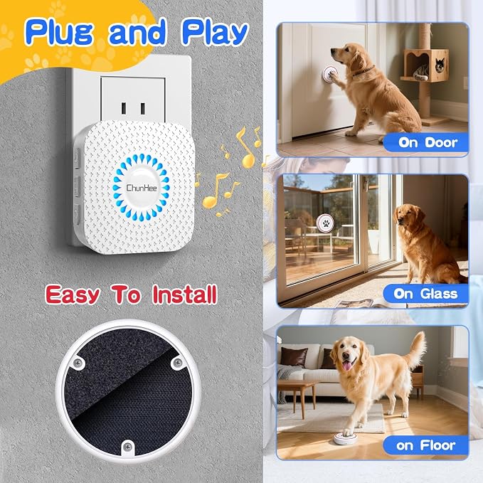 ChunHee Dog Door Bell for Potty Training – Wireless Doggie Doorbell to Go Outside, 1.6in Touch Surface, Easy for Puppy & Adult Dogs, IP55 Waterproof, 500FT Range, 55 Ringtones, Adjustable Volume