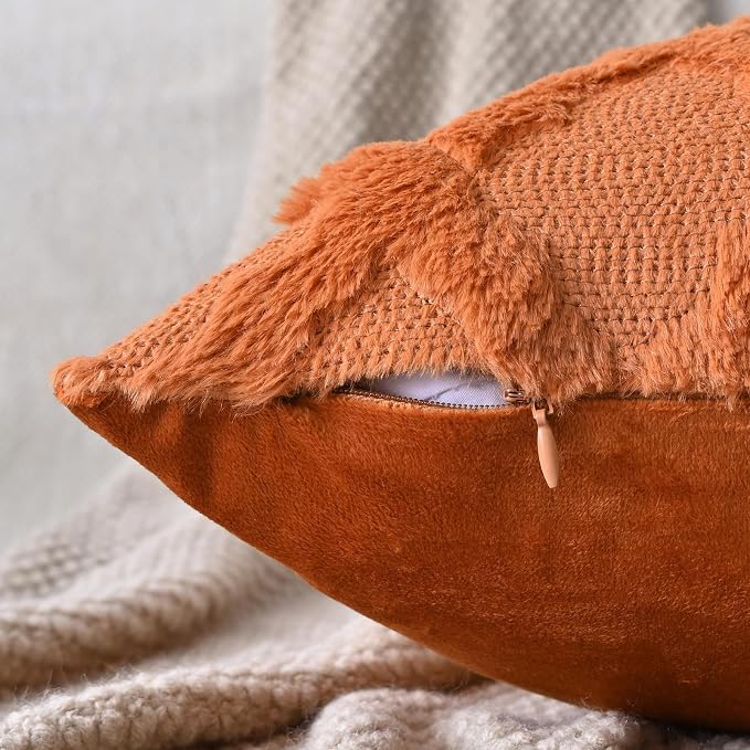 Set of 2 Soft Moroccan Throw Pillow Covers 20x20 Inch Plush Boho Decorative Pillow Cover Accent Cushion Case for Couch Sofa Bed, Burnt Orange
