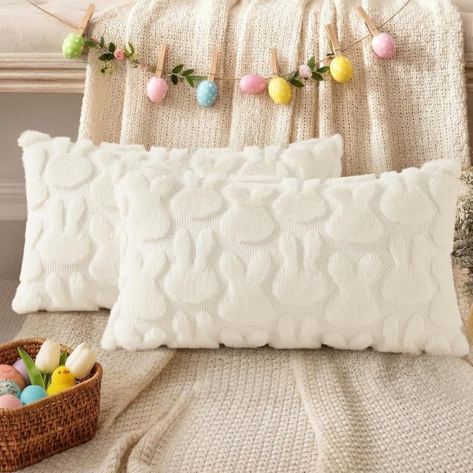decorUhome Cream White Faux Fur Bunny Throw Pillow Covers 12x20 Set of 2 | Plush Soft Wool Jacquard Cream White Rabbit Cushion Covers, Modern Farmhouse Easter Holiday Decor PillowCases for Sofa Bed