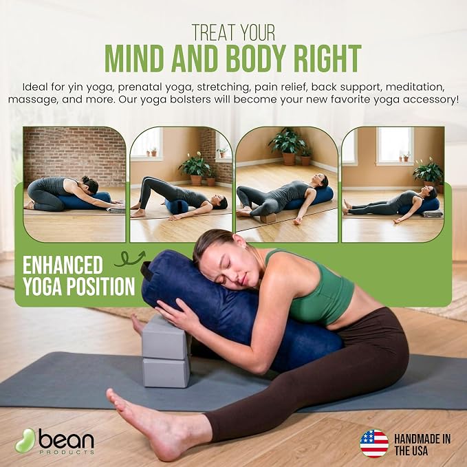 Bean Products Cotton Batting Yoga Bolster - Studio Grade Round or Rectangular Restorative Yoga Pillow for Pilates and Yin Practice - Soft Yet Firm Support with Cotton Cover - Made in The USA