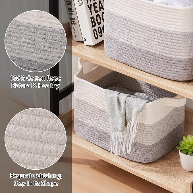 OIASKET Storage Baskets for Organizing, Woven Baskets for Shelves, Rectangle Decorative Organizer for Storage Clothes, Toy, Books, Towels Nursery Bins 3 Pack (Gradient Grey, 14.17"x9.85"x9.45")