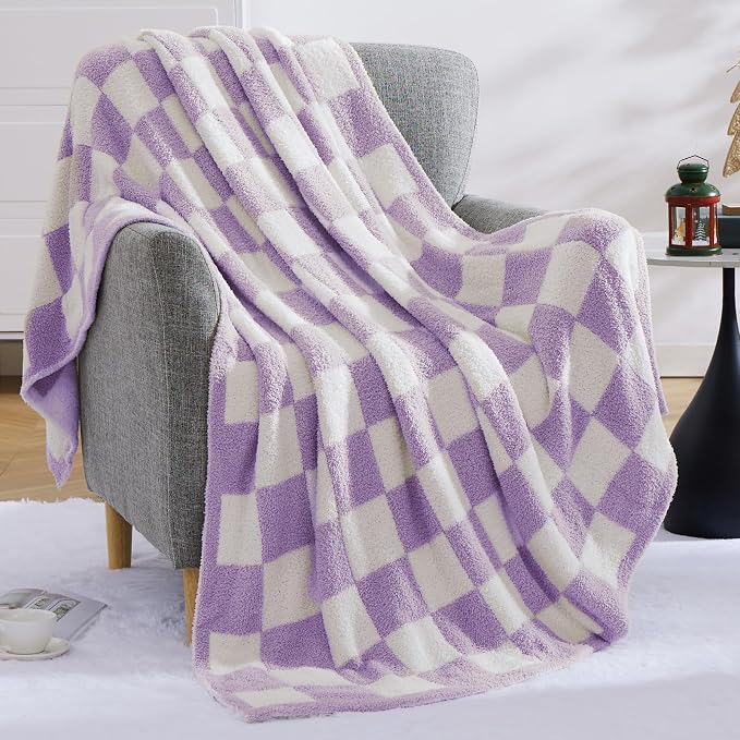 Soft Twin Size Checkered Blanket for Bed-Cozy Knitted Blankets | Lightweight Fluffy Warm Decor for Women, Mom, Her & Girls, Sofa, Chair, Couch, 60x80in,Purple