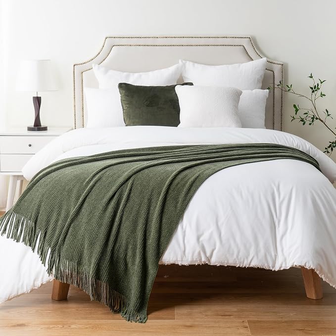 BATTILO HOME Olive Green Throw Blanket for Couch, 60"x80" | Soft Chenille Knit Throws with Tassels for Home Decor, Dark Green Blankets and Throws for Bed Couch Cover