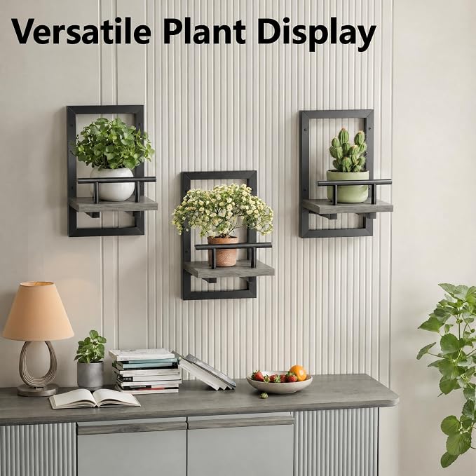 Sbosbo Floating Shelves for Wall Plant Shelf Indoor Wall Mounted Shelves | Wall Planters for Indoor Floating Plant Shelves for Bedroom, Living Room, Kitchen, Office, Bathroom Decor (Grey, 3 Pack)