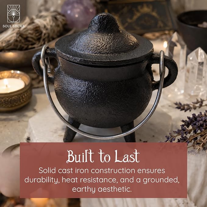 Reusable 4-Inch Cast Iron Cauldron Candle with Lid and Hanging Handle | Ritual & Aromatherapy Candle for Spell Casting, Smudging, Home Cleansing | Herb-Infused with Essential Oils (Lavender)