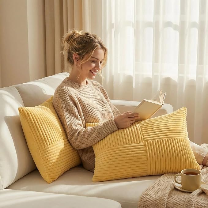 Fancy Homi Yellow Lumbar Decorative Throw Pillow Covers 12x20 Inch for Living Room Couch Bed Sofa, Farmhouse Boho Home Decor, Soft Striped Corduroy Rectangle Accent Cushion Case 30x50 cm