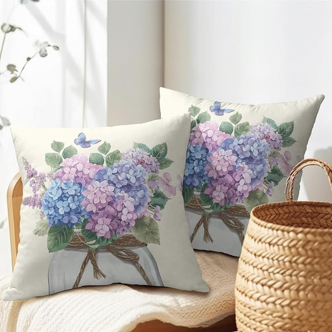 Kawani Purple Blue Hydrangea Pillow Covers 20x20 Set of 2 Watercolor Butterfly Floral Leaves Mason Jar Decorative Pillow Cases Cotton Linen Cushion Cover for Couch Sofa Outdoor Home Decor