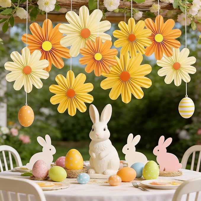 SUNBEAUTY Orange Paper Flowers Decorations for Wall Paper Fans Daisy Decoration for Women Birthday Spring Easter Wedding Garden Tea Party Baby Shower Decor Set of 9