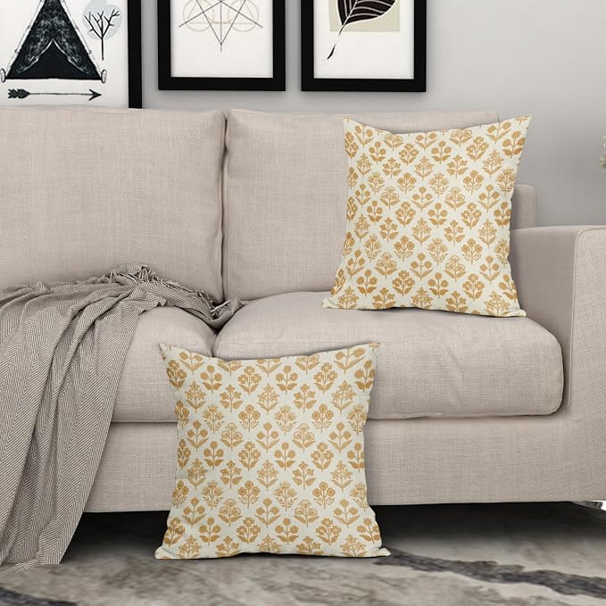 Mustard Yellow Floral Pillow Covers 24x24 Inch Set of 2, Vintage Flower Block Print Pattern Decorative Throw Pillowcases Outdoor Farmhouse Cushion Covers Spring Summer Rustic Sofa Couch Bed Decor