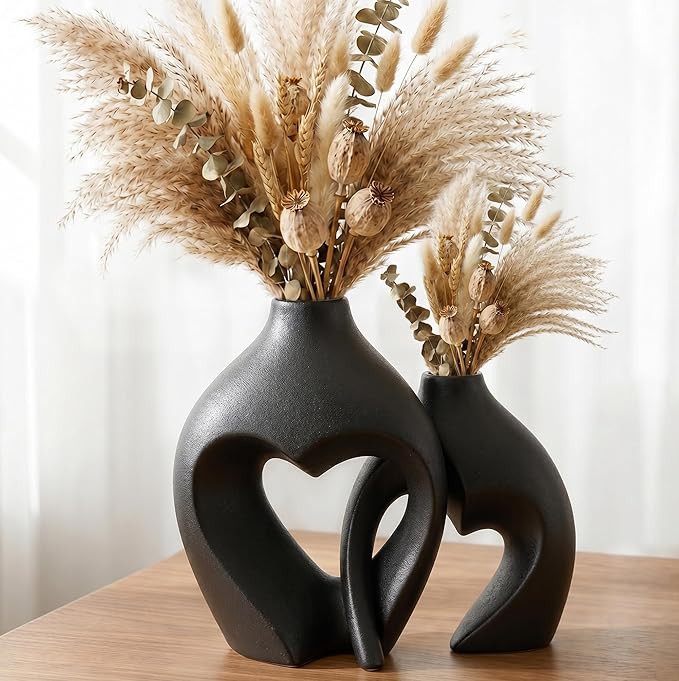 Black Ceramic Flower Vases Home Decor Heart Shaped Vase Set of 2 | Nordic Heart Shaped Vases Minimalist Decorative Vase for Table Centerpiece Wedding Dining Living Room Office House Decoration
