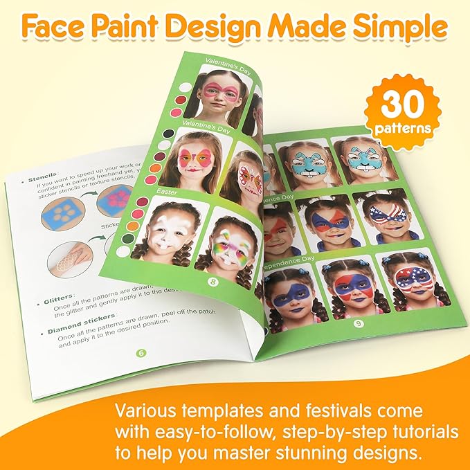 Mocoosy 41 Color Face Painting Kit for Kids, Non-Toxic Water Activated Face Paint Palette With Stencils, Brushes, Gems, Professional Body Makeup Kit for Cosplay Parties, Birthdays, Carnival, Christmas