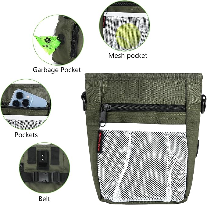 kissleaf Dog Treat Pouch, Magnetic Closure, Dog Clicker- Green