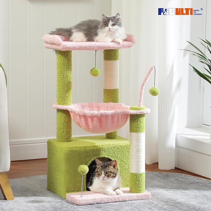 PEQULTI 4-in-1 Cat Tree for Kittens & Small Cats, 33in Pink Tower | Compact 33in cat tower: deep hammock, cozy condo, top perch, sisal post; removable washable cover; wide base for small cats