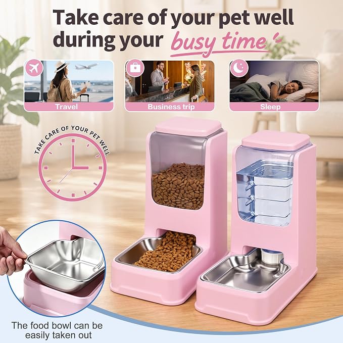 Automatic Cat Dog Feeder and Water Dispenser Set with Stainless Steel Bowl | Automatic Cat Feeder and Water Dispenser Set with Dog Stainless Steel Feed Bowl Pet Gravity Self Feeding and Waterer *2