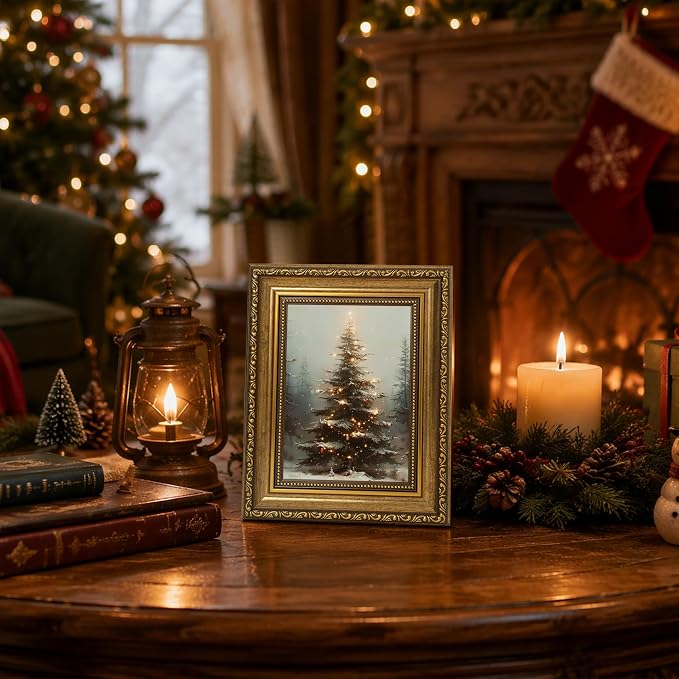 Fantasy Artists Christmas Framed Canvas Wall Art, Lighted Christmas Tree in Snowy Forest Gold Frame Print, Vintage Winter Holiday Decor for Living Room Bedroom Entryway, Ready to Hang, 8" Wx10 H