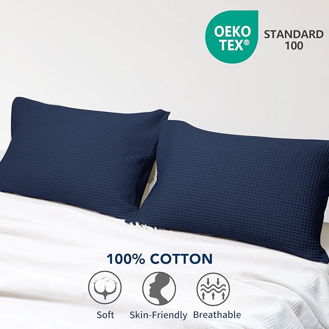 100% Egyptian Cotton 600 TC Waffle Weave Pillowcases Standard Size 2 Pack | Ultra Soft Pillow Shams with Envelope Closure, Breathable Skin-Friendly Decorative Bed Pillow Case, Navy Blue, 20"x26"
