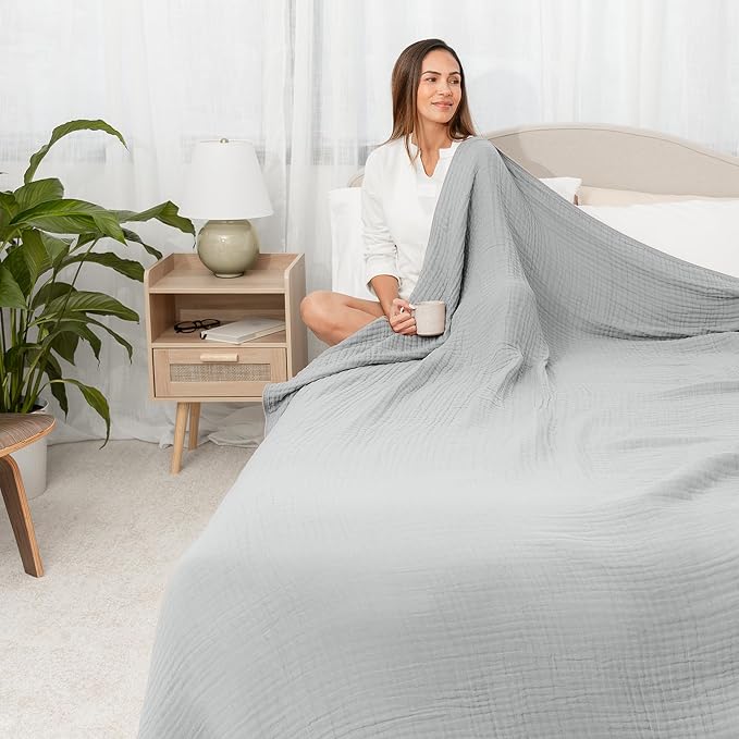 Comfy Cubs Adult Muslin Blanket 108x90” King Swaddle Blankets, Heather Blue | 6 Layer Soft, Breathable & Lightweight Muslin Adult Blanket - Machine Washable & Designed in the US Bedding for All Seasons