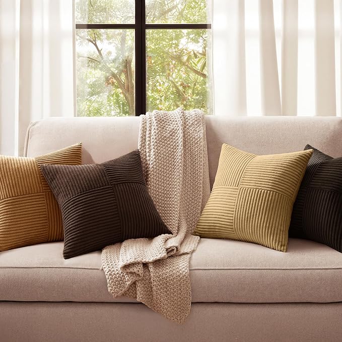MIULEE Boho Decorative Throw Pillow Covers 20x20 Set of 4 Farmhouse Neutral Cushion Cases Gradient Corduroy Pillow Cases Modern Soft Corduroy Patchwork Home Decor for Couch Sofa Bedroom Camel Brown