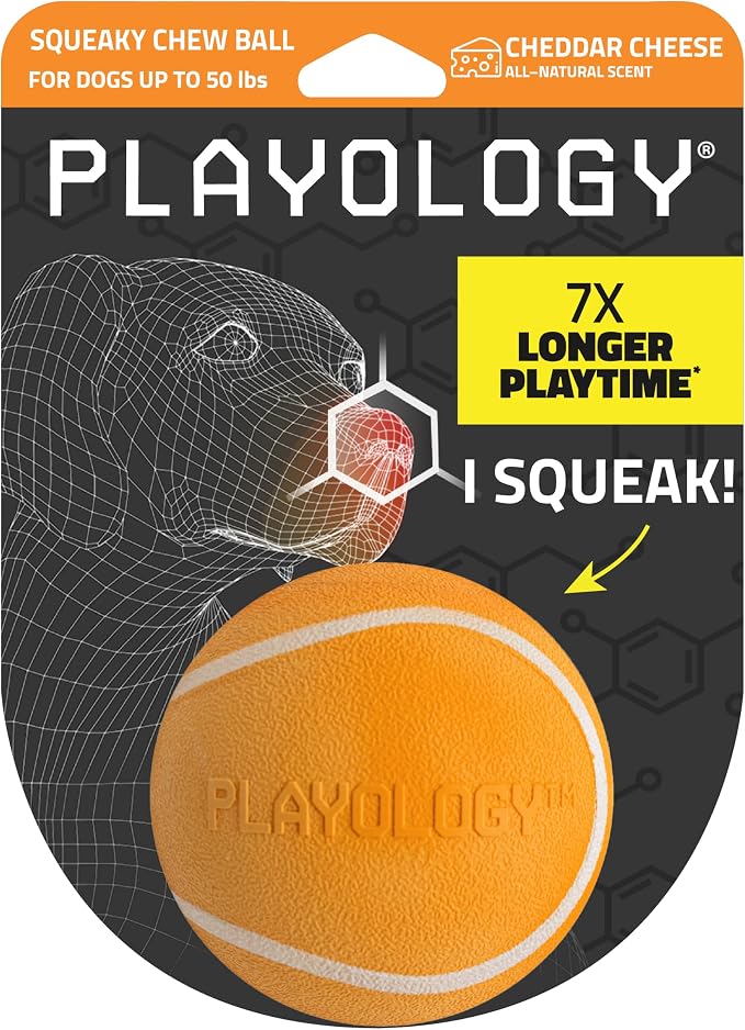 Playology Squeaky Chew Ball Dog Toy - Medium, Cheddar Cheese Scent
