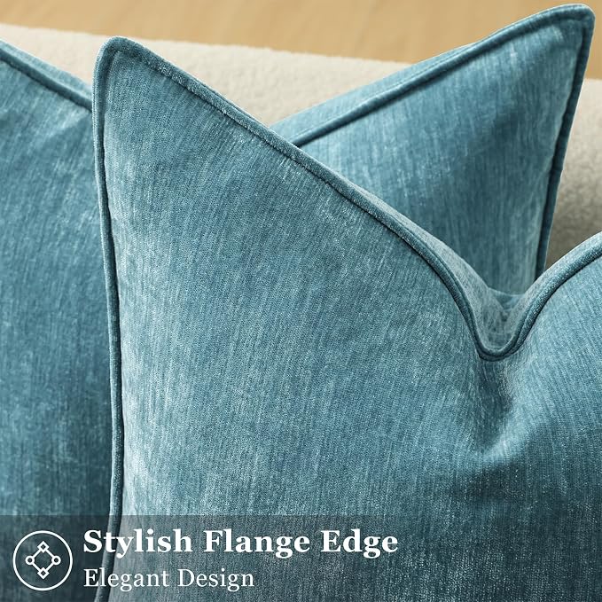 decorUhome Chenille Teal Velvet Throw Pillow Covers 24x24 Set of 2 | Fall Soft Euro Sham Couch Decorative Modern Farmhouse Pillow Cases with Elegant Design for Sofa Bed Living Room Home Decor