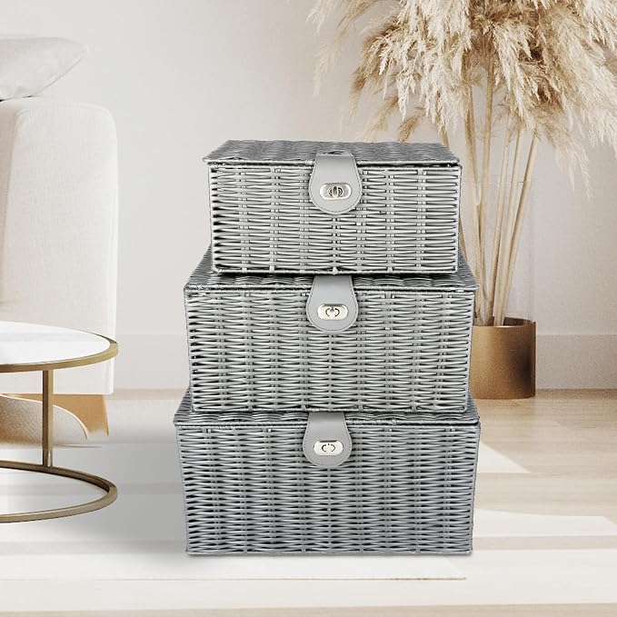 Honygebia Grey Wicker Storage Baskets - Set of 3 Decorative Nesting Boxes with Lids, Woven Basket with Lock & Handle, Organizer for Beauty Makeup Bathroom Decor