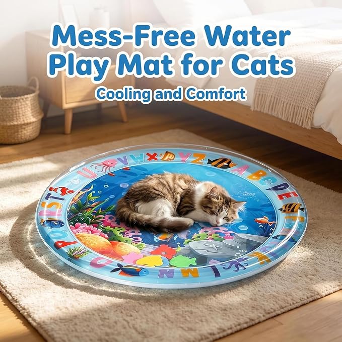 2 Pieces Upgraded Thickened Cat Water Mat,Water Sensory Play Mat with Fish | Interactive Cat Toy for Cats to Exercise,Hunting,Swatting,Aqua Anti-Scratch Leak Proof Foldable Play Mat with Fish for Pet