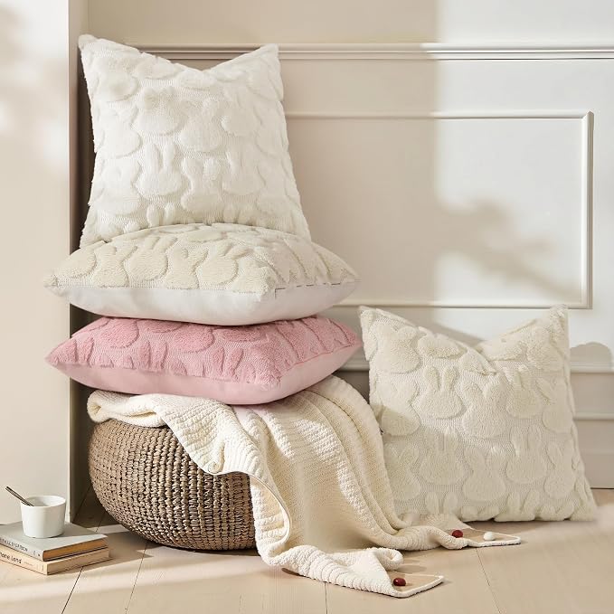 decorUhome Cream White Faux Fur Bunny Throw Pillow Covers 16x16 Set of 2 | Plush Soft Wool Jacquard Cream White Rabbit Cushion Covers, Modern Farmhouse Easter Holiday Decor PillowCases for Sofa Bed