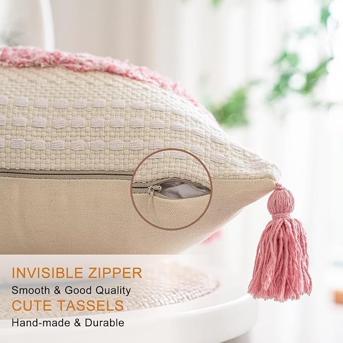 BUIOVBEY Boho Throw Pillow Covers Woven Tufted Pillow Cases with Tassels | Farmhouse Pillows Covers 18x18 Set of 2 Textured Striped Cushion Case Neutral Decorative Pillowcase for Sofa Couch Bed Pink