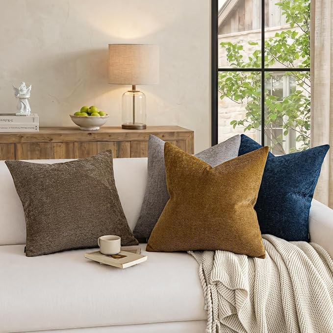 Fall Decorative Throw Pillow Covers Pack of 2,20x20 Inch Warm Brown | Twill Chenille Cushion Covers for Sofa Living Room Couch Bed